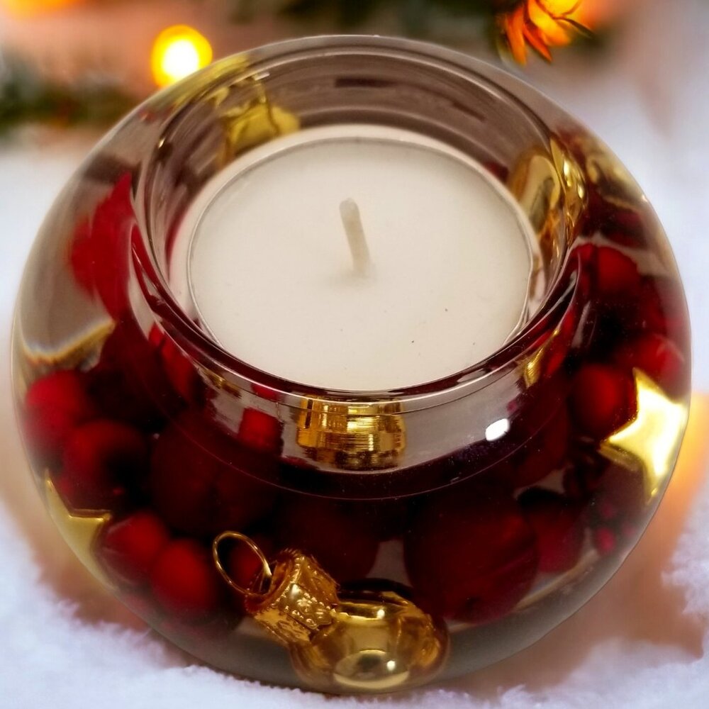 Vintage Christmas Glass Candle Holder Festive Holly Berry Design,